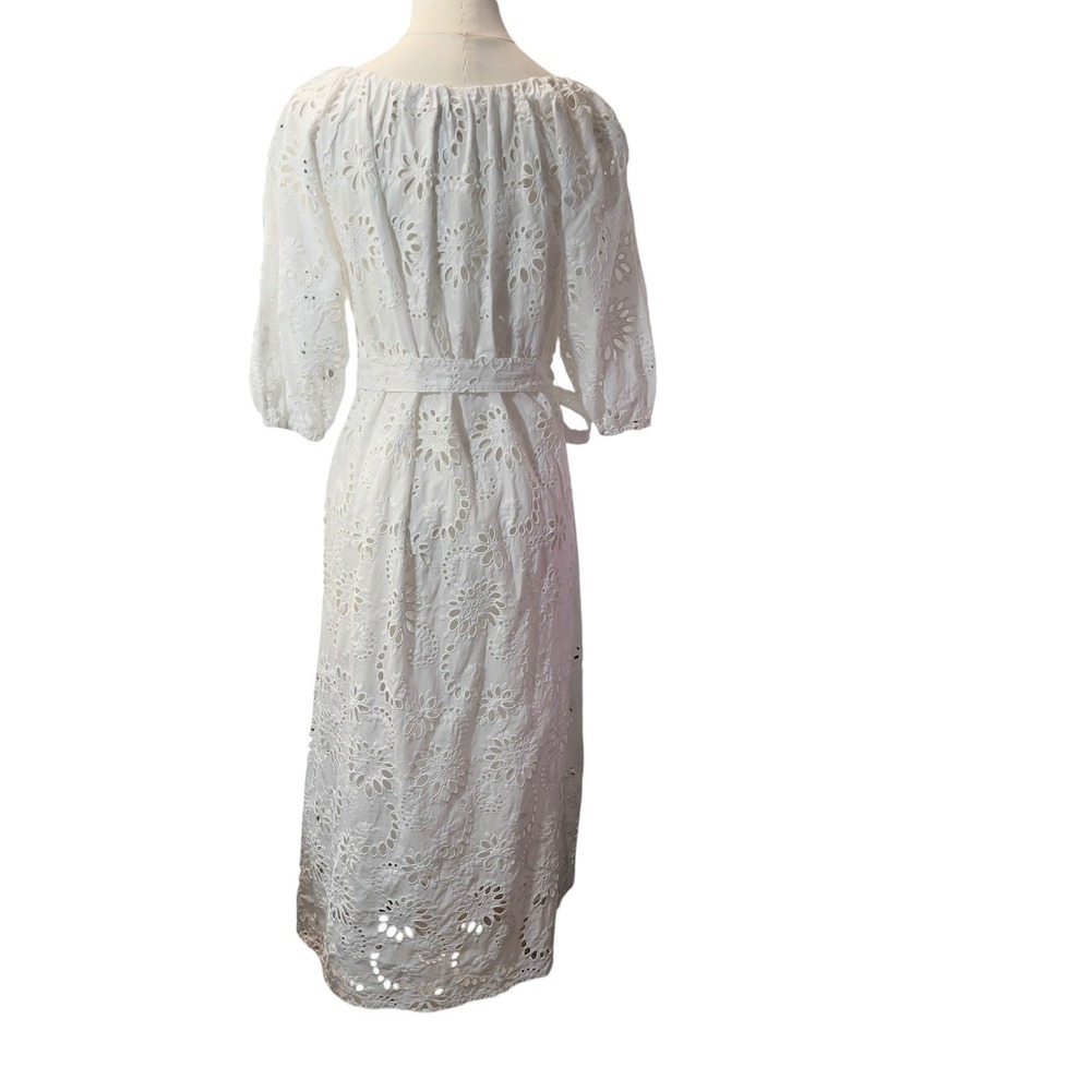 BOSS Dolara Crisp White Cotton Floral Eyelet Belt Midi Dress Slip Lining Size 0 - Picture 3 of 13